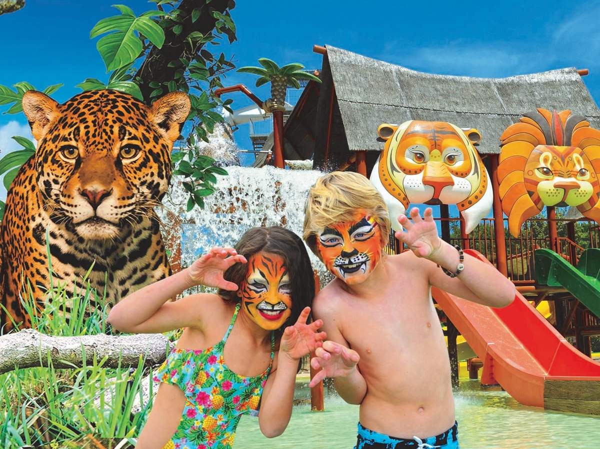 Terra Natura & Aqua Natura Benidorm: Combi Entry Ticket Two children with tiger face paint pose with claws near a water play area featuring animal-themed decorations and slides.