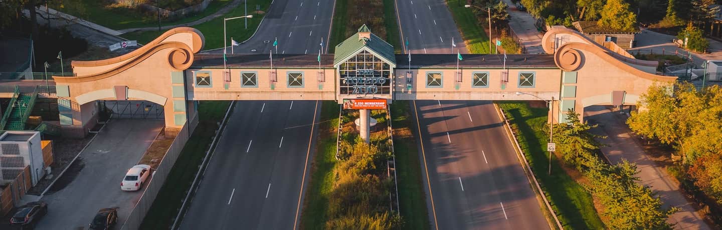 Aerial view of a pedestrian bridge with decorative arches over a road, leading to the Toledo Zoo entrance.
